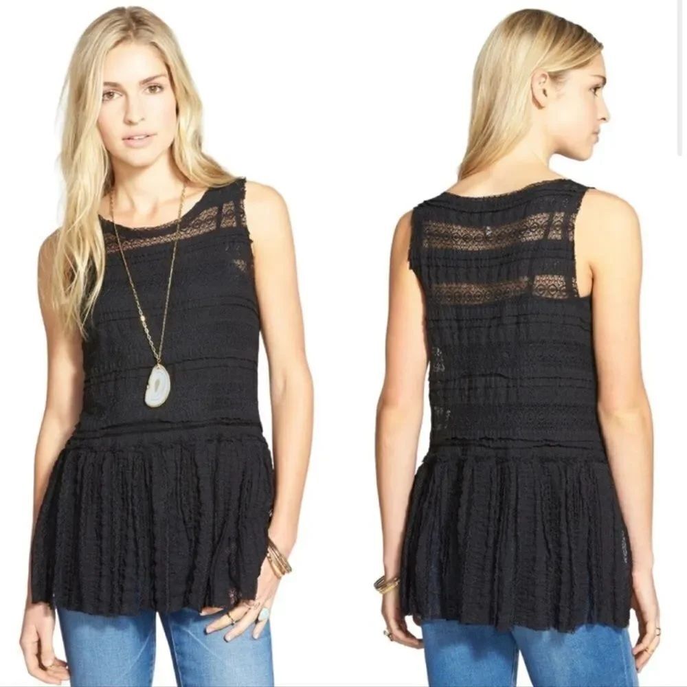 Free People Textured Pucker Up Lace Peplum Sleeveless Top Sheer Black sz s